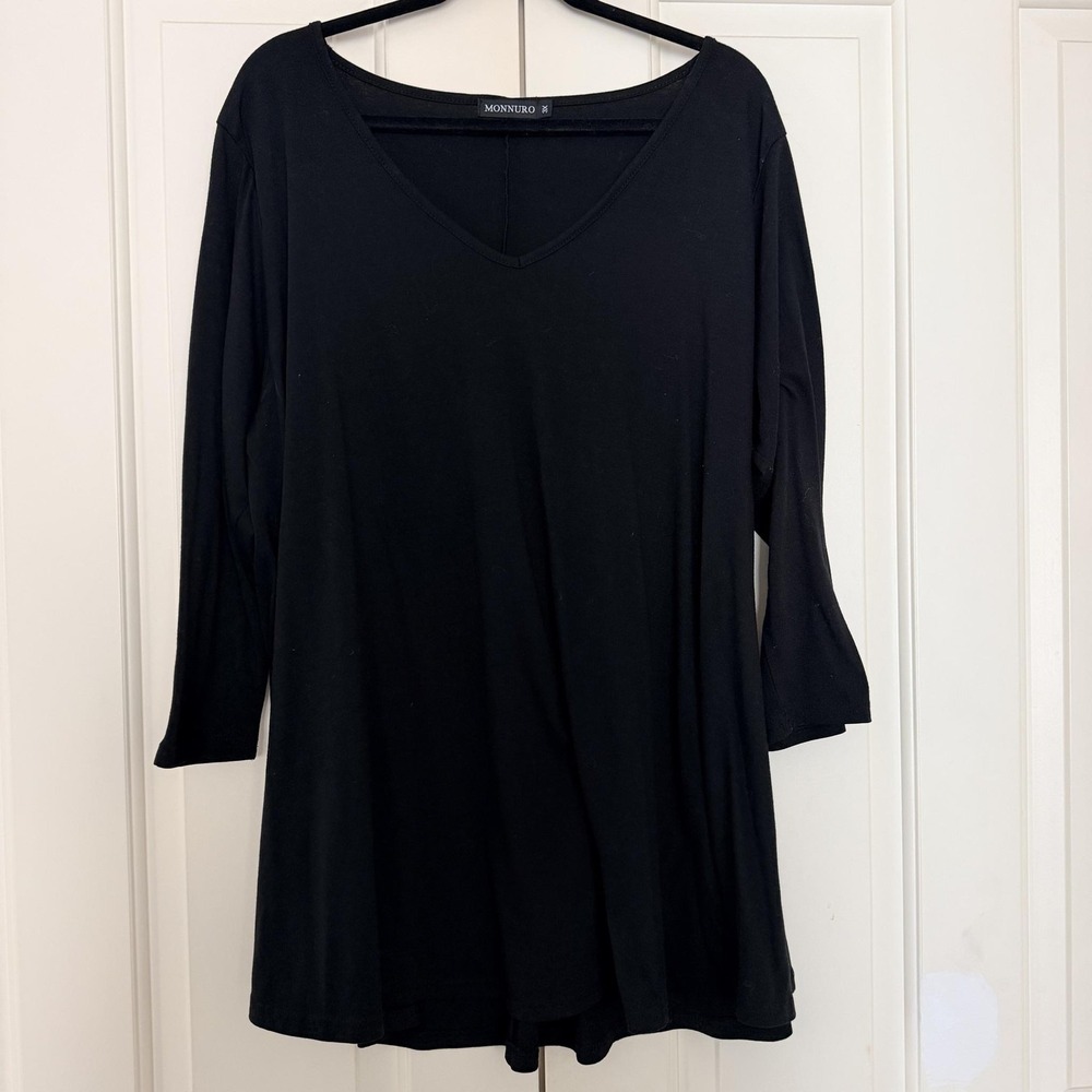 Monnuro Shirt Womens 3X Black V Neck 3/4 Sleeve Tunic Plus Size Stretch Top